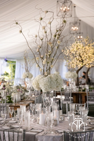 Texas Ranch Wedding Tall White Blooming Branches Centerpiece Photo