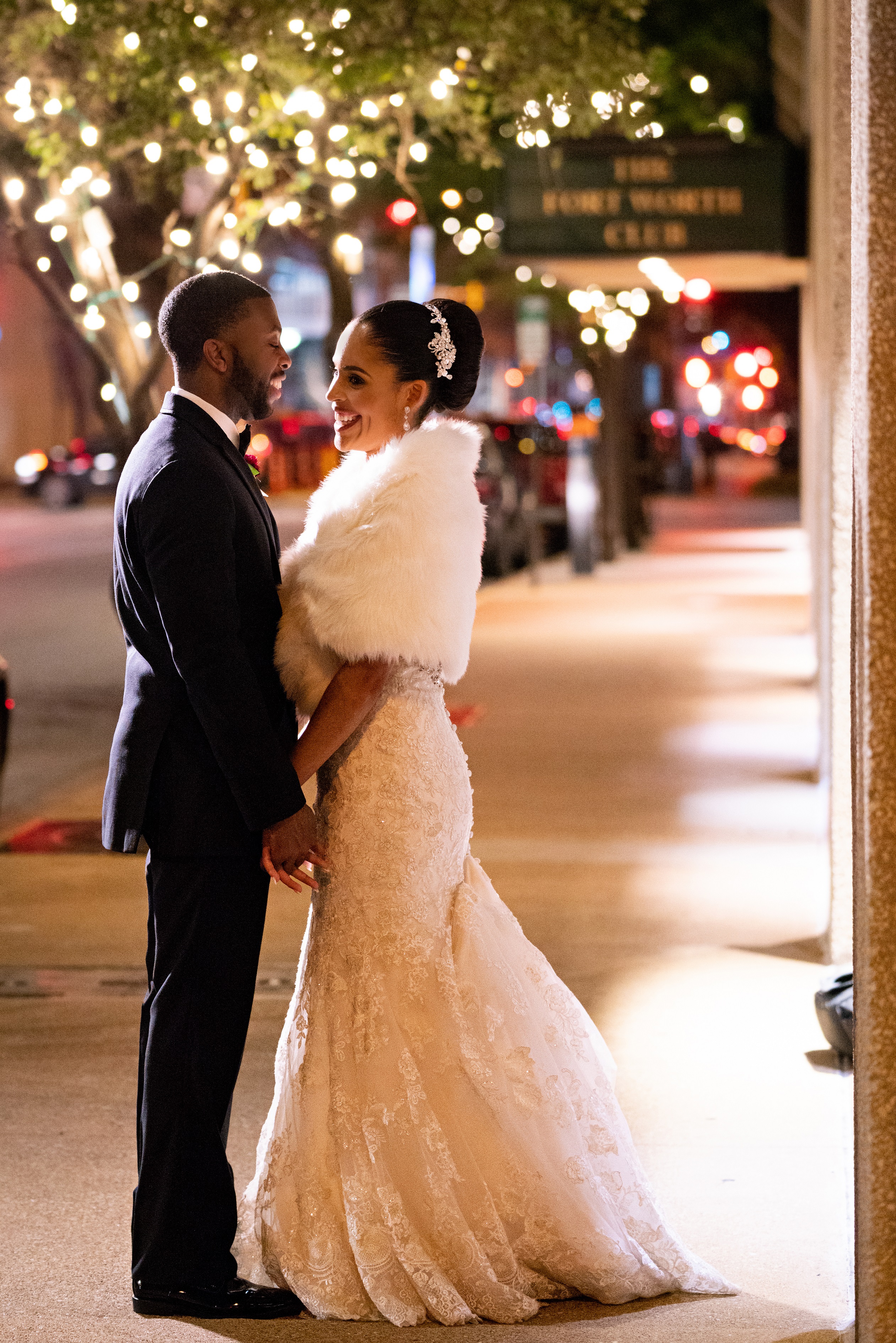 Cherrell and Alan outside of the Fort Worth Club for New Years Eve Wedding
