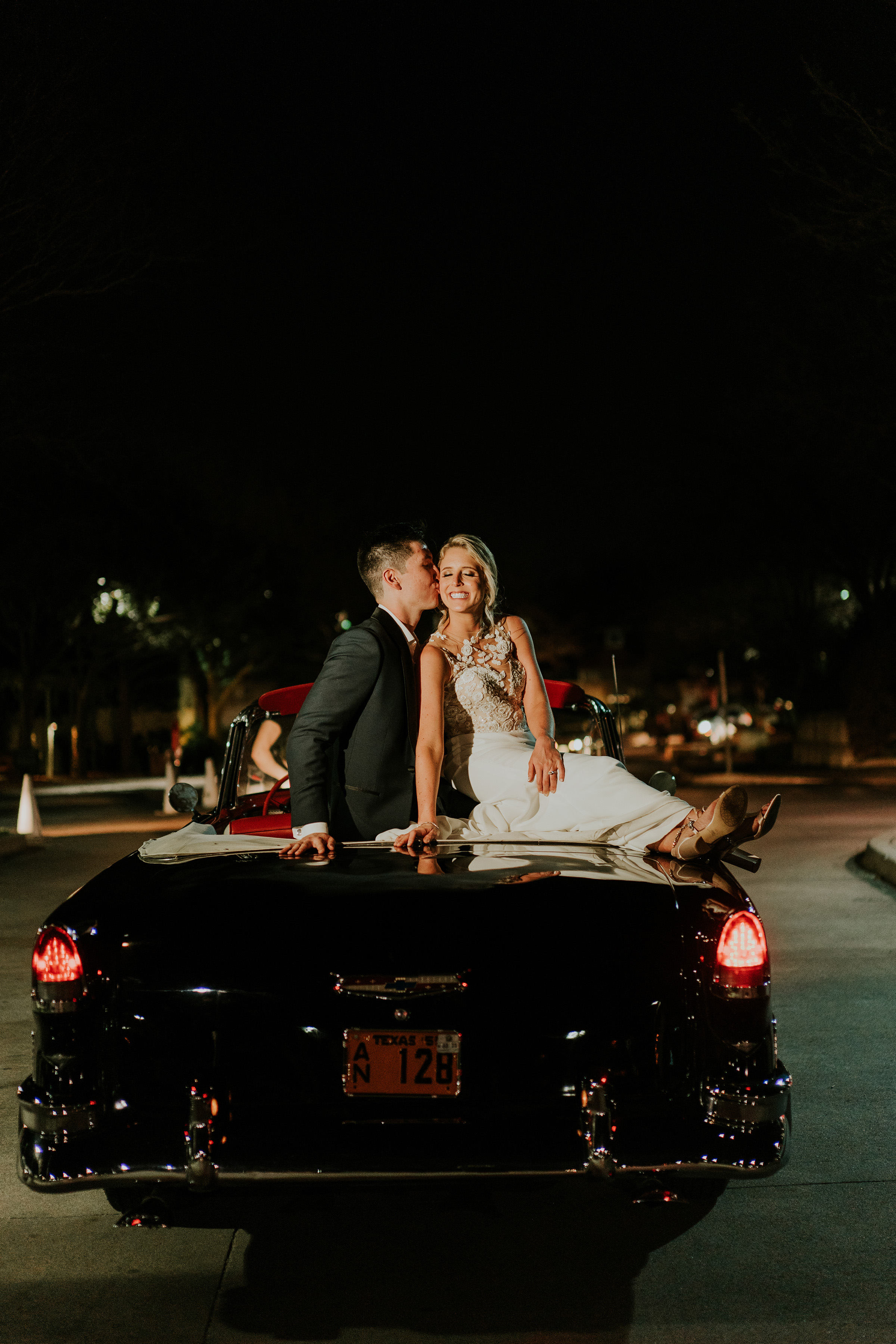 Dallas Arboretum Wedding, Bride and groom getaway car